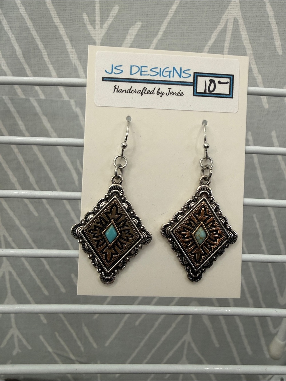 JS Designs Turquoise-Center Copper & Silver Diamond Drop Earrings